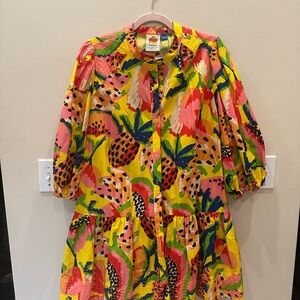 FARM Rio for Anthropologie colorful mid sleeve women’s dress with drop waist.